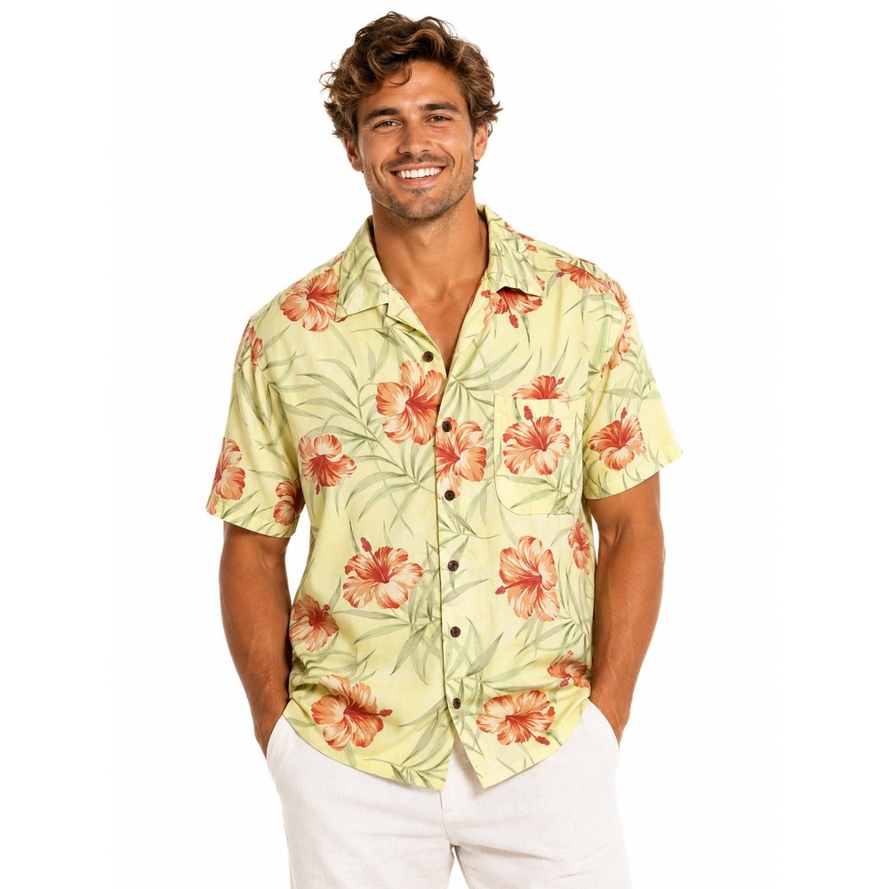 La Cabana XL Hawaiian Shirt Yellow Floral Camp Hawaiian Shirt Button Front